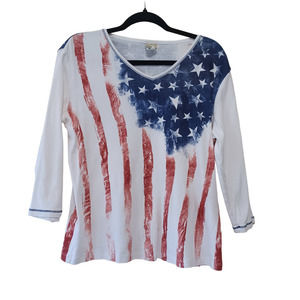 Jess & Jane Old Glory Long Sleeve Cotton Top American Flag Size L